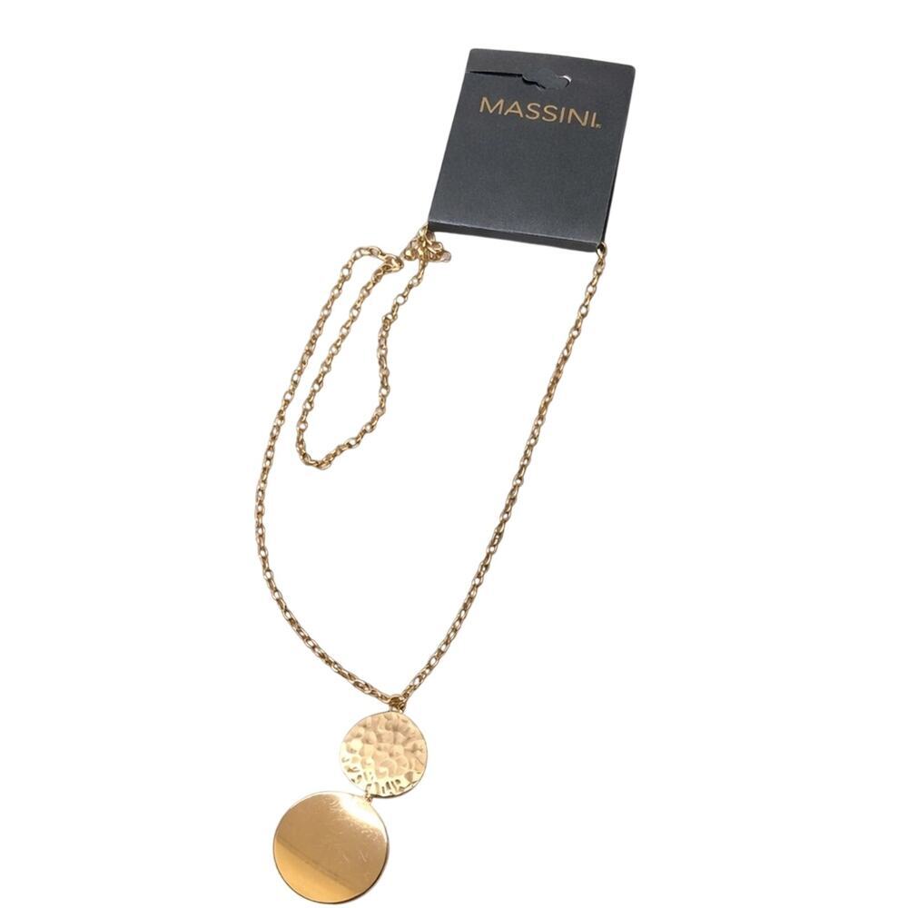 Massini‎ Gold Tone Double Disc Pendant Necklace Long Chain- 14 inch drop, NWT
